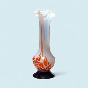 Hand Blown Art Glass Vase 8" Iridescent Ruffled Top Red Orange Abstract Floral